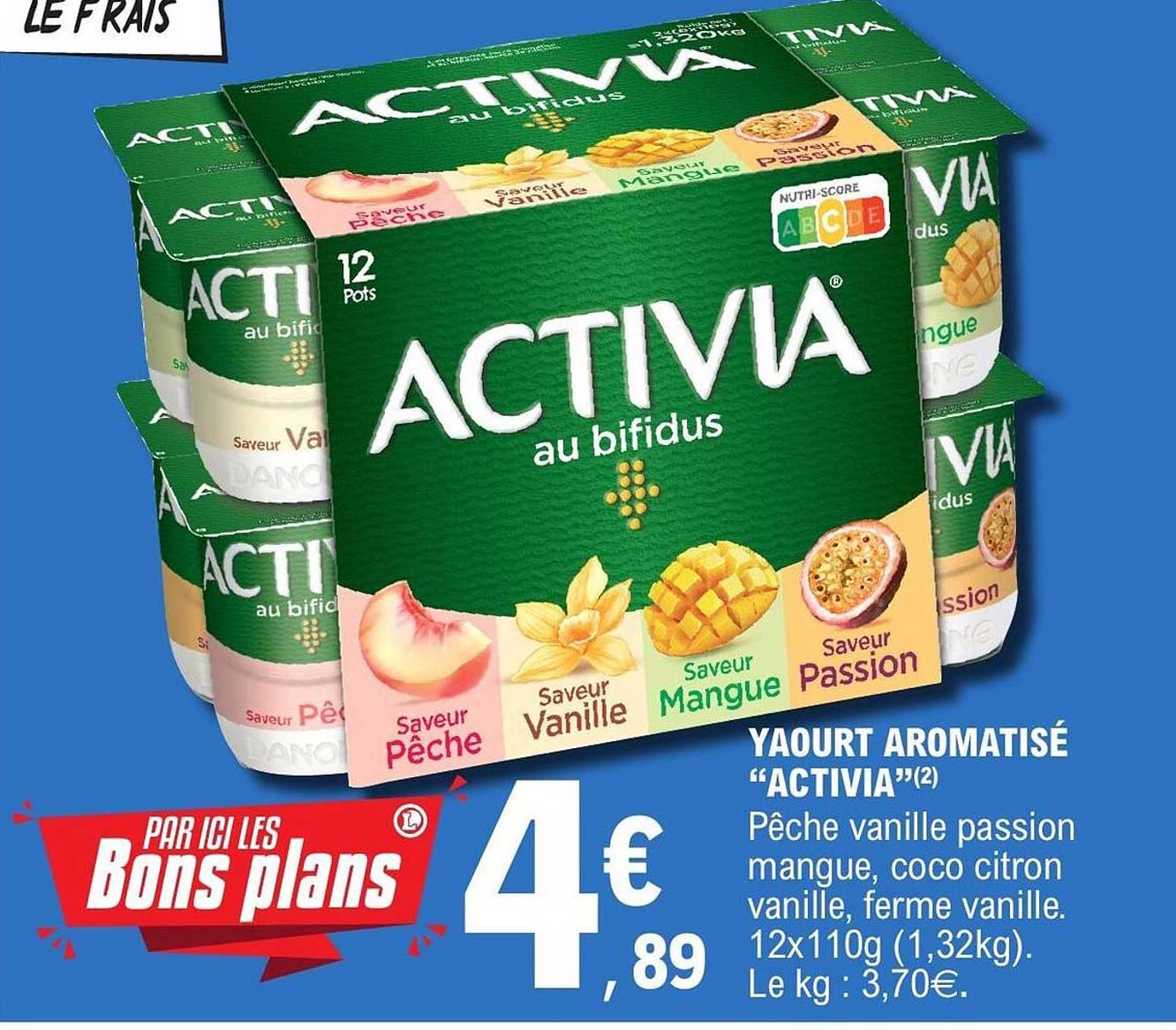 YAOURT AROMATISÉ “ACTIVIA”(2) Pêche vanille passion mangue, coco citron vanille, ferme vanille. 12x110g (1,32kg). Le kg : 3,70€.