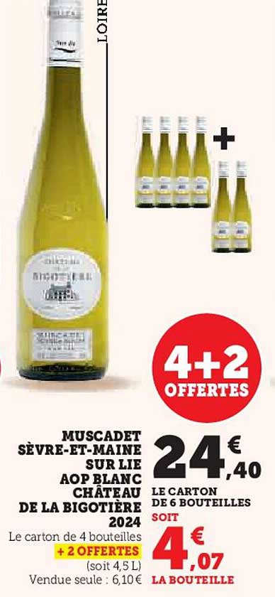 MUSCADET SÈVRE-ET-MAINE SUR LIE AOP BLANC CHÂTEAU DE LA BIGOTIÈRE 2024 - 4+2 OFFERTES
