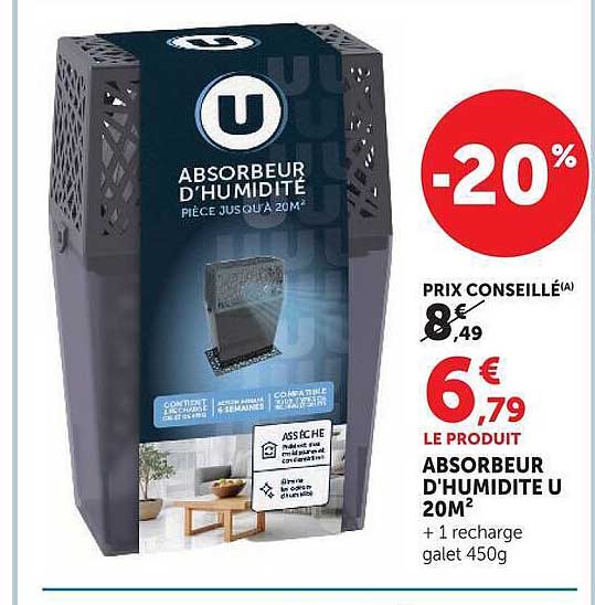 ABSORBEUR D'HUMIDITÉ U 20M² + 1 recharge galet 450g