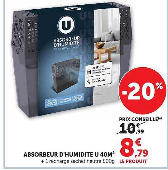 ABSORBEUR D'HUMIDITÉ U 40M² + 1 recharge sachet neutre 800g