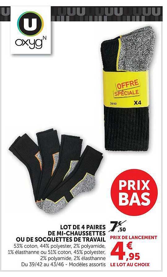 LOT DE 4 PAIRES DE MI-CHAUSSETTES OU DE SOQUETTES DE TRAVAIL