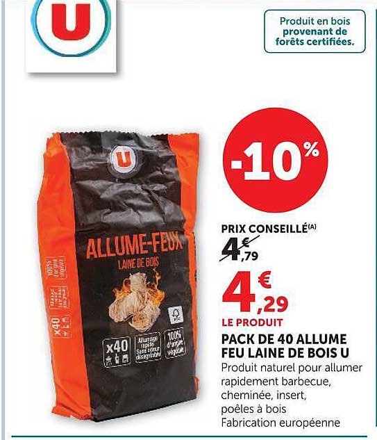 PACK DE 40 ALLUME FEU LAINE DE BOIS U