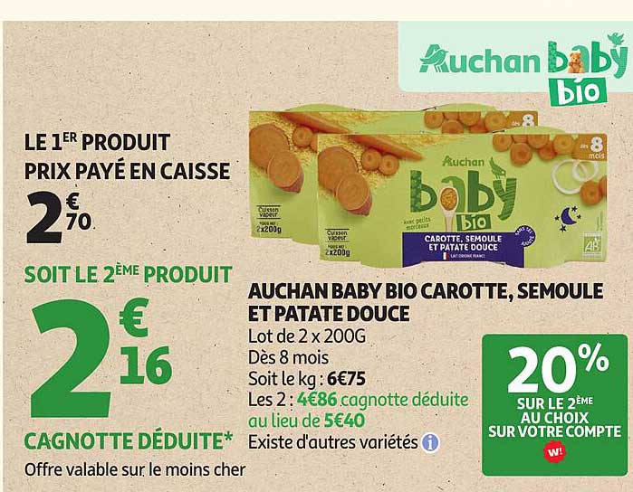 AUCHAN BABY BIO CAROTTE, SEMOULE ET PATATE DOUCE