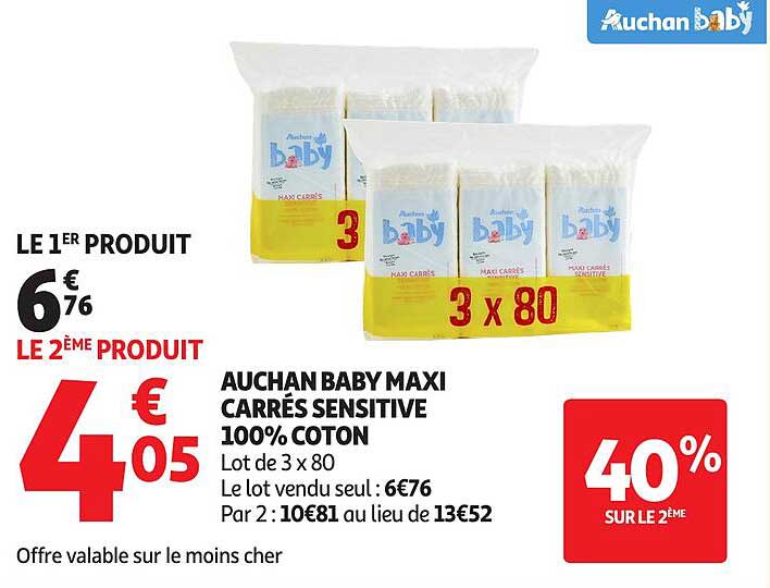 AUCHAN BABY MAXI CARRÉS SENSITIVE 100% COTON