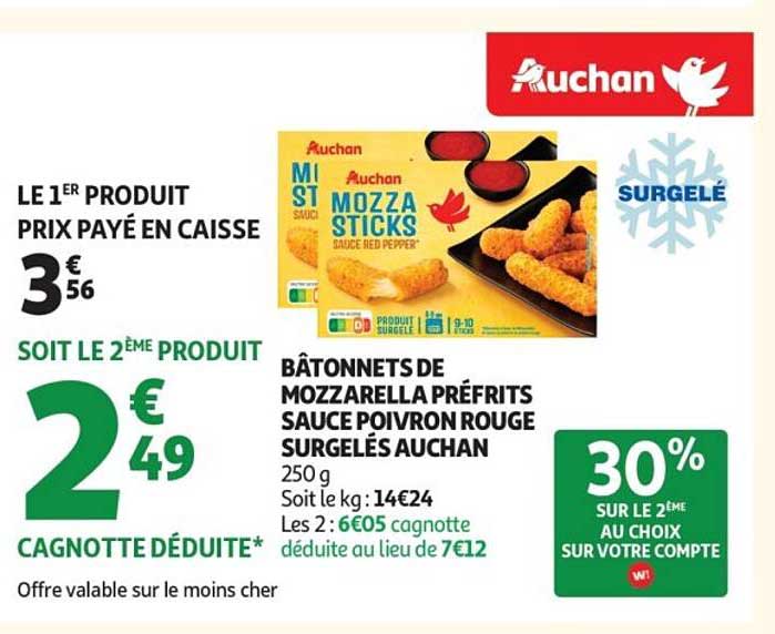 BÂTONNETS DE MOZZARELLA PRÉFRITS SAUCE POIVRON ROUGE SURGELÉS AUCHAN