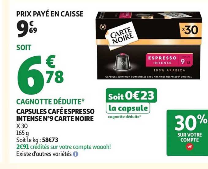 CAPSULES CAFÉ ESPRESSO INTENSE N°9 CARTE NOIRE X 30