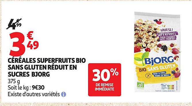 CÉRÉALES SUPERFRUITS BIO SANS GLUTEN RÉDUIT EN SUCRES BJORG