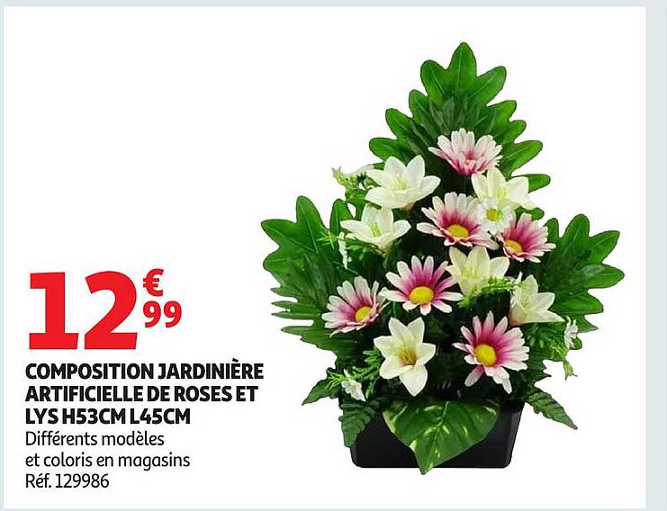 COMPOSITION JARDINIÈRE ARTIFICIELLE DE ROSES ET LYS H53CM L45CM