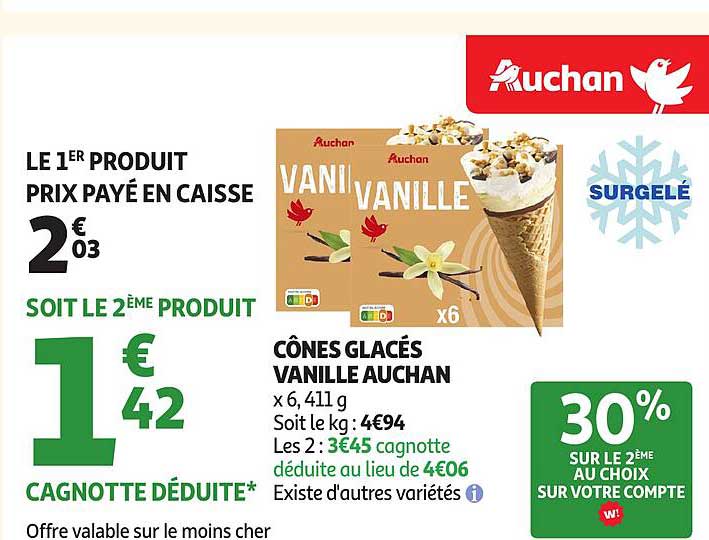 Cônes glacés vanille Auchan x6, 411 g