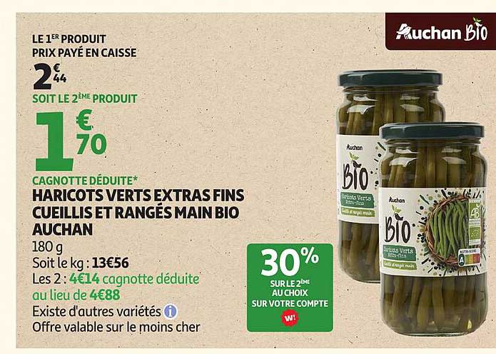 Haricots verts extras fins cueillis et rangés main Bio Auchan