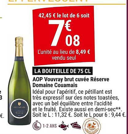 LA BOUTEILLE DE 75 CL AOP Vouvray brut cuvée Réserve Domaine Coumais