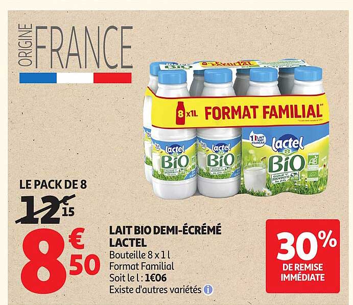 LAIT BIO DEMI-ÉCRÉMÉ LACTEL