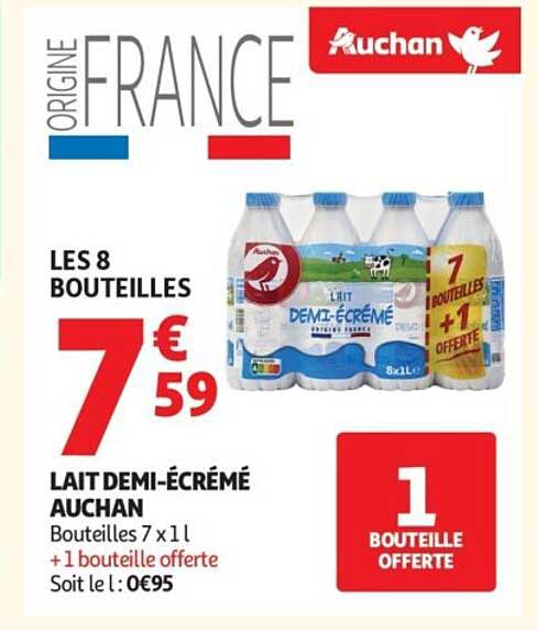 Lait demi-écrémé Auchan - 8 bouteilles