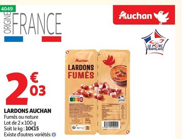 LARDONS AUCHAN Fumés ou nature