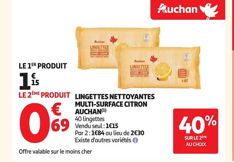 LINGETTES NETTOYANTES MULTI-SURFACE CITRON AUCHAN