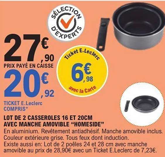 LOT DE 2 CASSEROLES 16 ET 20CM AVEC MANCHE AMOVIBLE “HOMESIDE”