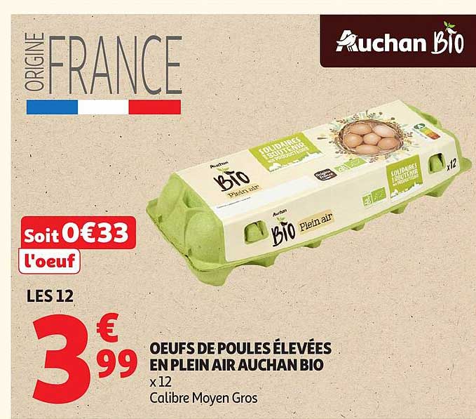 OEufs de poules élevées en plein air Auchan Bio