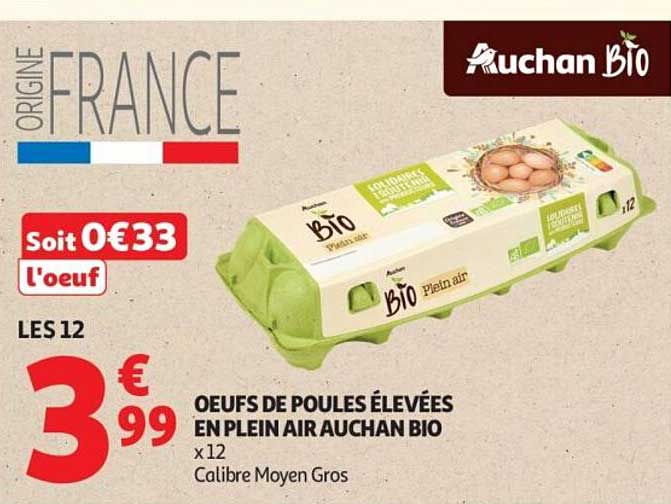 Œufs de poules élevées en plein air Auchan Bio x12