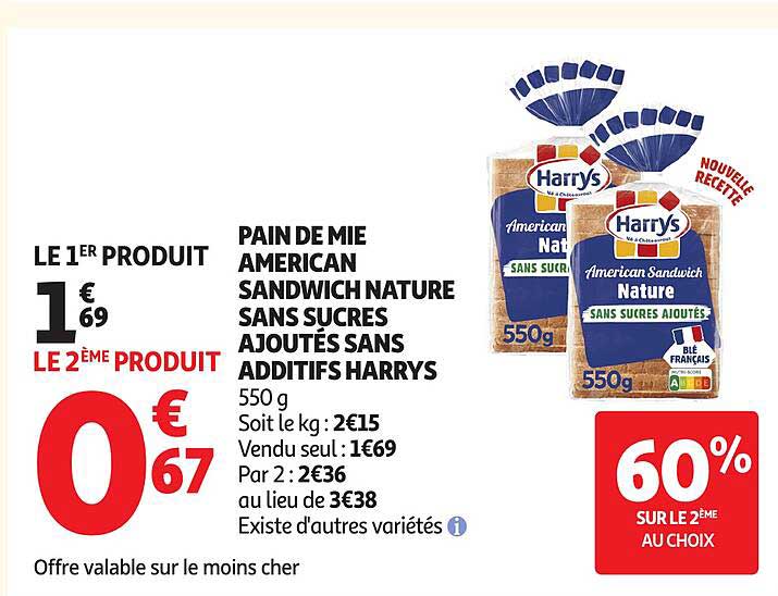 PAIN DE MIE AMERICAN SANDWICH NATURE SANS SUCRES AJOUTÉS SANS ADDITIFS HARRYS