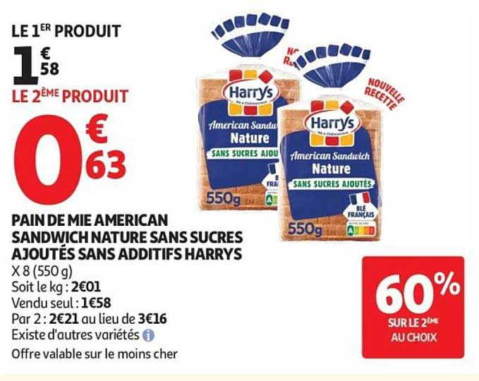 PAIN DE MIE AMERICAN SANDWICH NATURE SANS SUCRES AJOUTÉS SANS ADDITIFS HARRYS