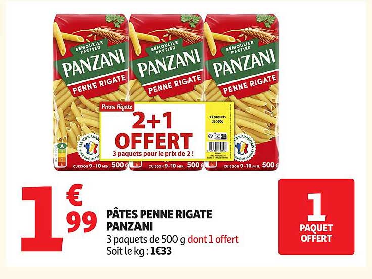 PÂTES PENNE RIGATE PANZANI 3 paquets de 500 g dont 1 offert