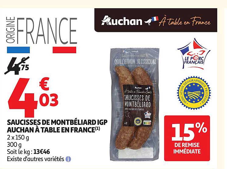 SAUCISSES DE MONTBÉLIARD IGP AUCHAN À TABLE EN FRANCE