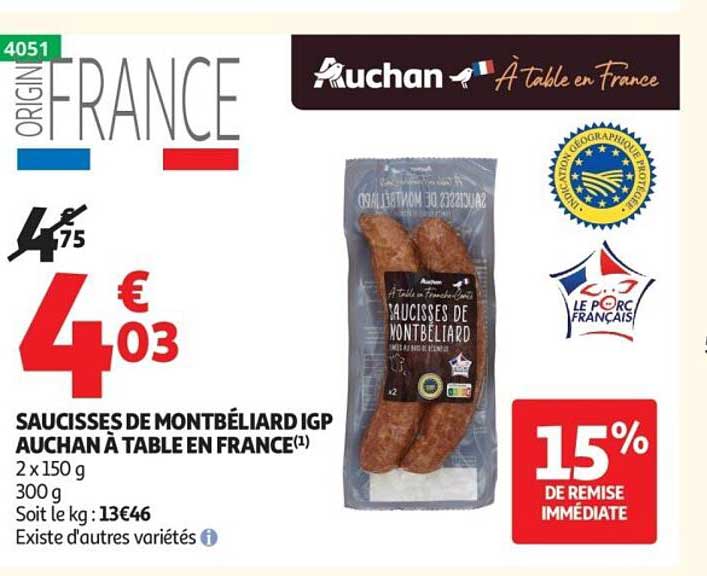 SAUCISSES DE MONTBÉLIARD IGP AUCHAN À TABLE EN FRANCE