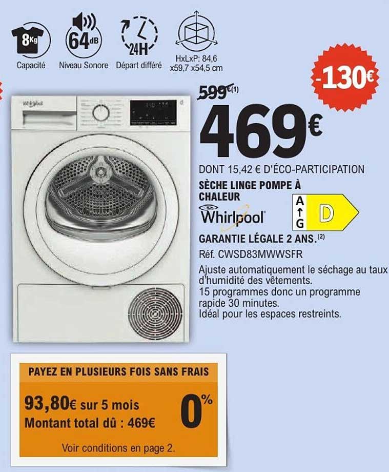 Sèche-linge pompe à chaleur Whirlpool -130€