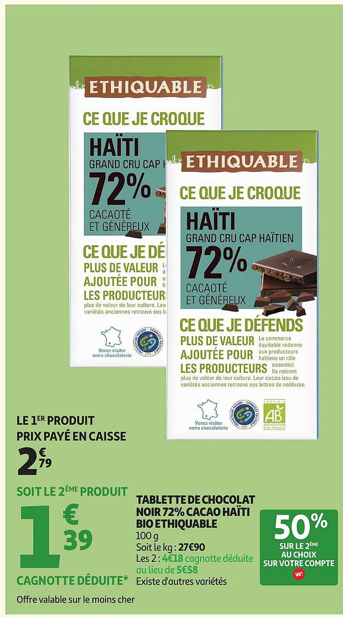 TABLETTE DE CHOCOLAT NOIR 72% CACAO HAÏTI BIO ETHIQUABLE