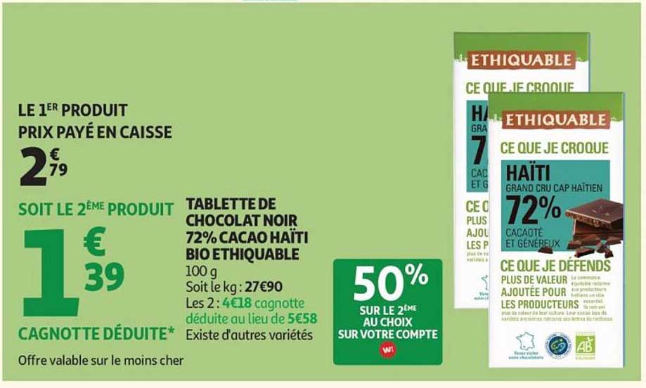 TABLETTE DE CHOCOLAT NOIR 72% CACAO HAÏTI BIO ETHIQUABLE