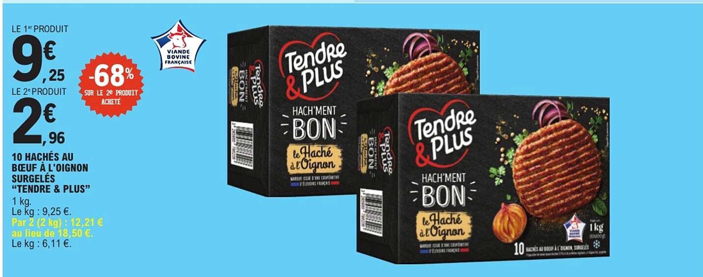 10 HACHÉS AU BOEUF À L'OIGNON SURGELÉS “TENDRE & PLUS”