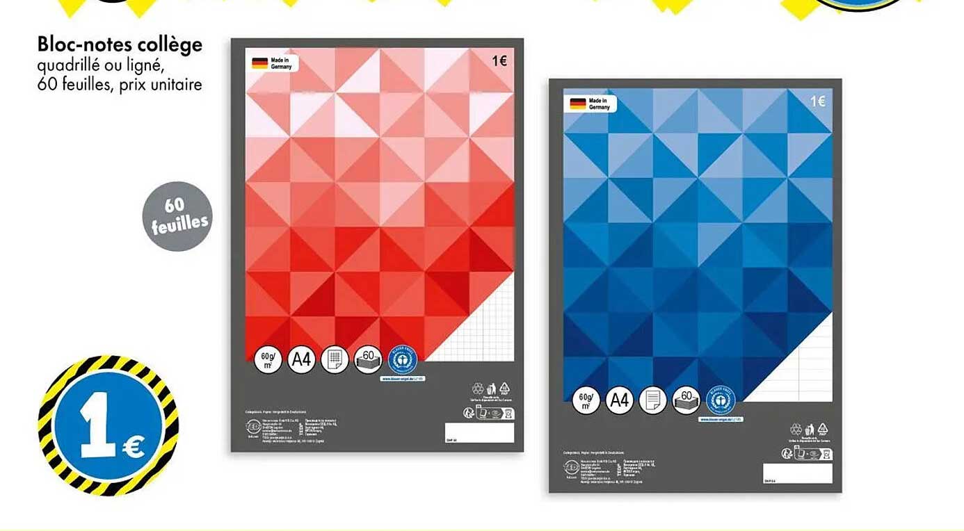 Bloc-notes collège quadrillé ou ligné, 60 feuilles, prix unitaire