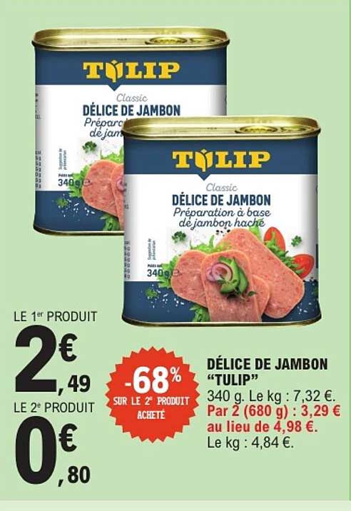DÉLICE DE JAMBON "TULIP" 340 g. Le kg : 7,32 €. Par 2 (680 g) : 3,29 € au lieu de 4,98 €. Le kg : 4,84 €.