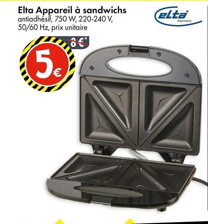 Elta Appareil à sandwichs antiadhésif, 750 W, 220-240 V, 50/60 Hz, prix unitaire