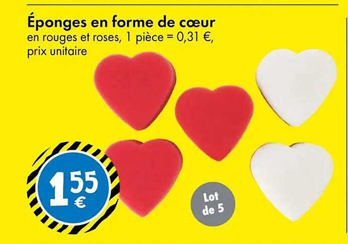 Éponges en forme de coeur en rouges et roses, 1 pièce = 0,31 €, prix unitaire