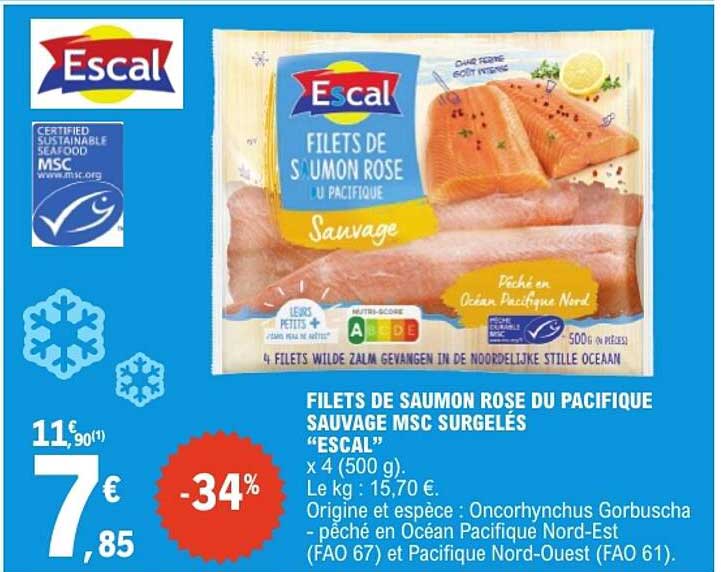 FILETS DE SAUMON ROSE DU PACIFIQUE SAUVAGE MSC SURGELÉS “ESCAL”