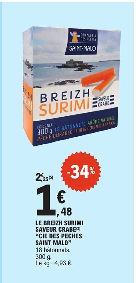 LE BREIZH SURIMI SAVEUR CRABE “CIE DES PECHES SAINT MALO” 18 bâtonnets. 300 g.