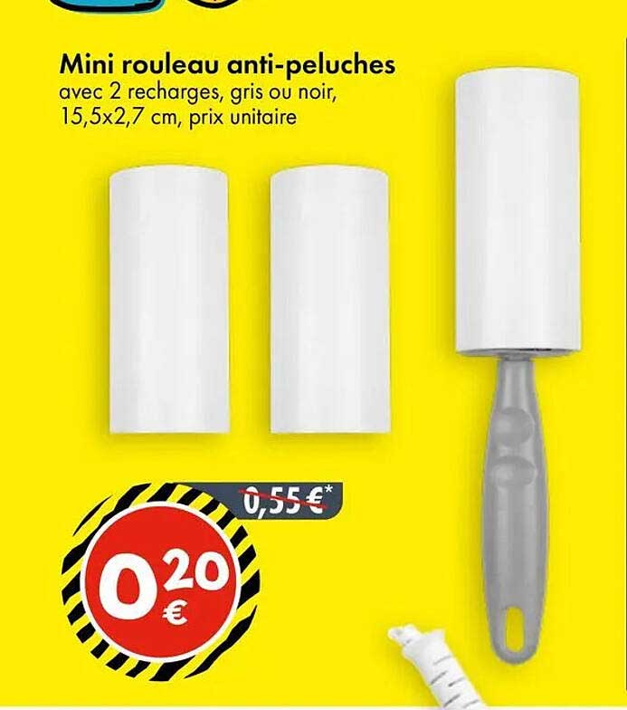 Mini rouleau anti-peluches avec 2 recharges, gris ou noir, 15,5x2,7 cm, prix unitaire