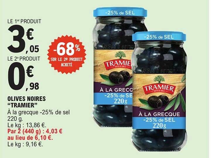 OLIVES NOIRES “TRAMIER” À la grecque -25% de sel 220 g
