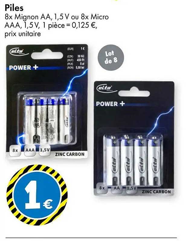 Piles 8x Mignon AA, 1,5 V ou 8x Micro AAA, 1,5 V, 1 pièce = 0,125 €, prix unitaire