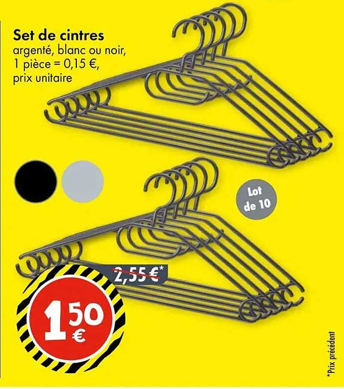 Set de cintres argenté, blanc ou noir, 1 pièce = 0,15 €, prix unitaire