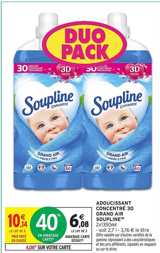 Promo Adoucissant Concentré 3D Grand Air Soupline® 2X1350Ml chez ...