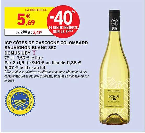 IGP CÔTES DE GASCOGNE COLOMBARD SAUVIGNON BLANC SEC DOMUS UBY