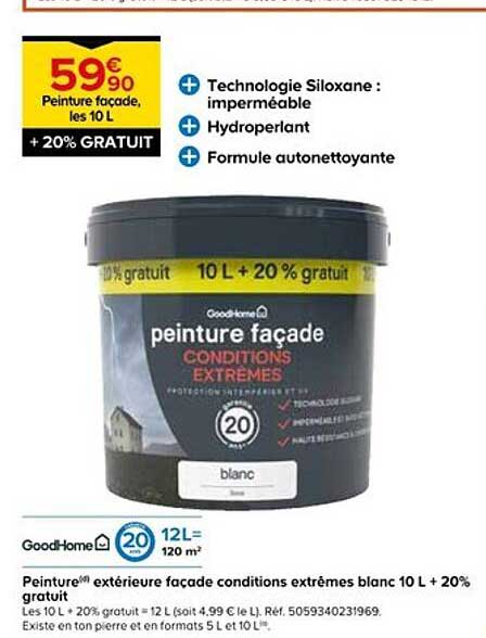 Peinture extérieure façade conditions extrêmes blanc 10 L + 20% gratuit