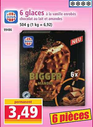 6 glaces à la vanille enrobés chocolat au lait et amandes