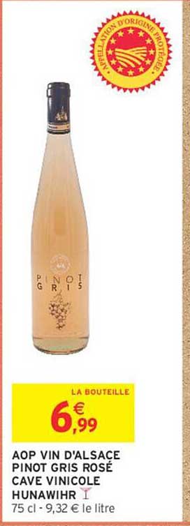AOP VIN D'ALSACE PINOT GRIS ROSÉ CAVE VINICOLE HUNAUIHR