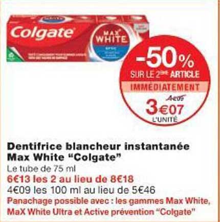 Dentifrice blancheur instantanée Max White “Colgate”