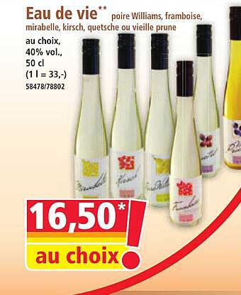 Eau de vie** poire Williams, framboise, mirabelle, kirsch, quetsche ou vieille prune