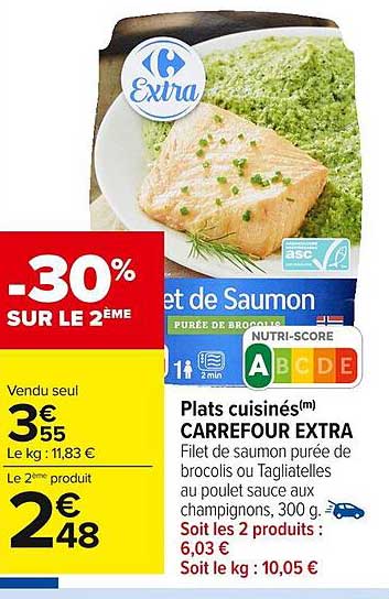Filet de saumon purée de brocolis ou Tagliatelles au poulet sauce aux champignons, 300 g