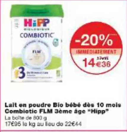 Lait en poudre Bio bébé dès 10 mois Combiotic FLM 3ème âge "Hipp"